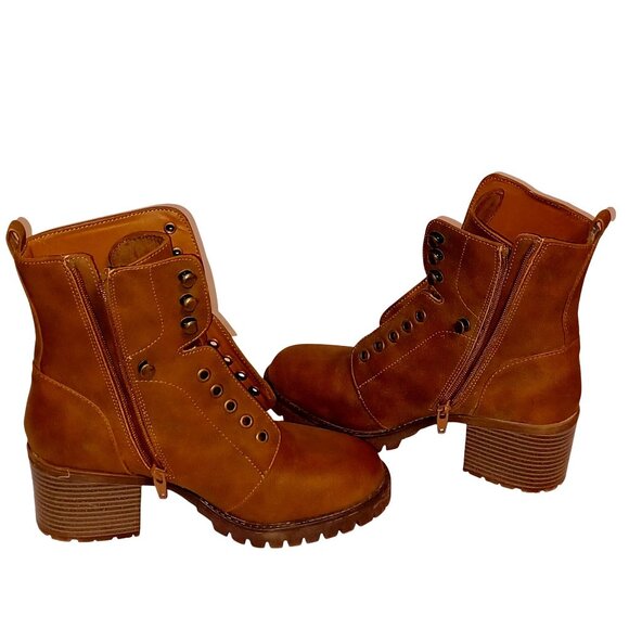 Brown Chunky Platform Lug Block Heel Lace up Zip Faux Leather Ankle Boots Wms 7 - Picture 13 of 14